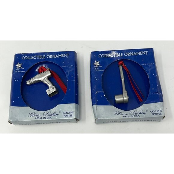 Gloria Duchin Collectible Ornament Set Pewter Drill & Socket Wrench - Red Ribbon - Picture 1 of 8